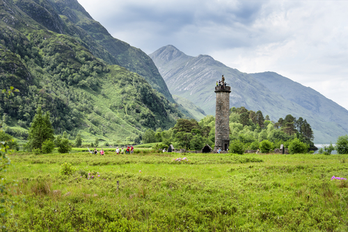 Panoramic view with famous Scottish lake Loch Shiel with Glenfinnan monument, Glenfinnan, Scotland, United Kingdom