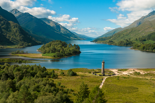 Beautiful view of Loch Shiel and the Glenfinnan monument, Glenfinnan, Scotland, United Kingdom