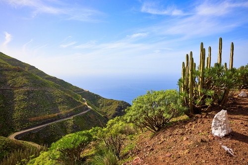 View from the scenic route Sendero Arena Blanca, Artenara, Gran Canaria Island, The Canary Islands, Spain. Nature and landscape with mountains of volcanic formation along the route of Sendero Arena Blanca up to the Mirador de Tirma