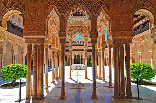 Moorish architecture of the Court of the Lions, Alhambra fortress, Granada, Andalusia, Spain