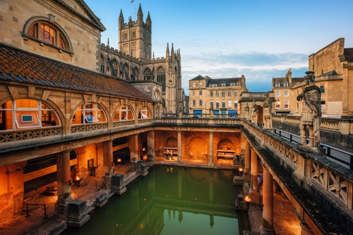 View of the historical Roman baths in Bath city, England, United Kingdom