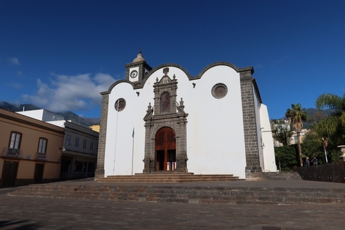 Facade and main entrance door of the church of Sant Peter in Guimar, Tenerife Island, Canary Islands, Spain