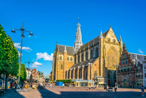 View of the Grote Markt square and Saint Bavo church in Haarlem, The Netherlands, on a clear Sunny day