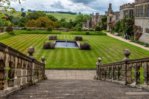 View of the gardens in Haddon Hall near Bakewell in the Peak District National Park, Derbyshire, England, United Kingdom