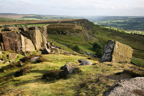 View of the landscape in Curbar Edge near Buxton, the Peak District National Park, Derbyshire, England, UK