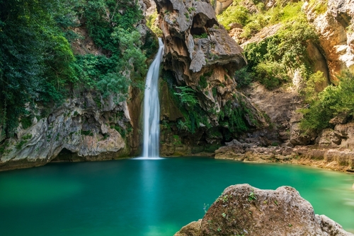 View of the magnificent La Calavera waterfall in the Borosa river, Sierra de Cazorla, Jean, Andalusia, Spain