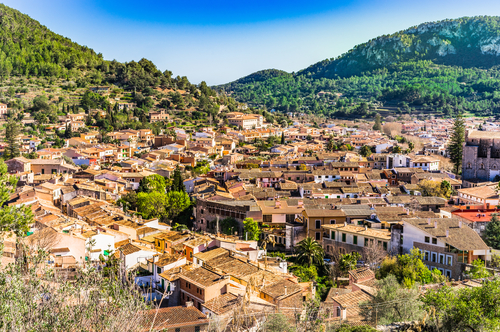 View to the valley of Esporles and village, Sierra de Tramuntana, Mallorca Island, Balearic Islands, Spain