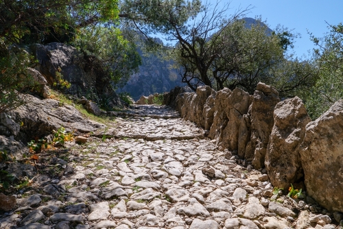 Hike in Mallorca through the Tramuntana Mountains on the GR 221 Ruta de Pedra en Sec long-distance trail from Soller to Lluc. Here on the historic trail through Barranc de Biniaraix, Mallorca Island, Balearic Islands, Spain