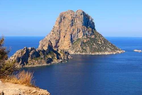 View of the mountain island of Es Vedra, Ibiza Island, Balearic Islands, Spain