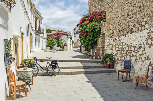 A picturesque street view in Ibiza old town, Ibiza island, Balearic Islands, Spain