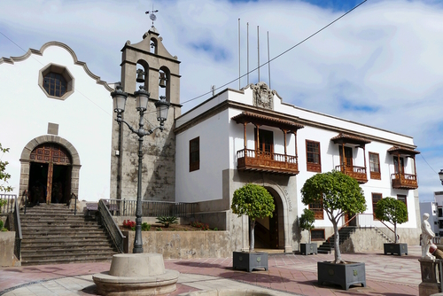 Exterior view of church San Agustin and town hall of village Icod de los Vinos, Tenerife Island, The Canary Islands, Spain