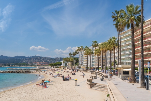 View of the beach and its facilities in Juan-les-Pins, Antibes, The French Riviera, Cote d'Azur, France