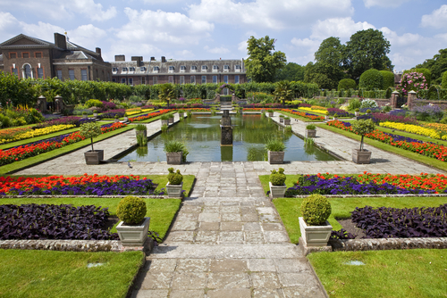 Beautiful colorful view of a sunken Garden and Kensington Palace in London, England, UK