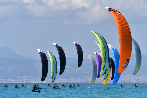 Riders fighting for positions during the race start at Cutty Sark Formula Kite Spain Series (FKSS), Mallorca island, Balearic Islands, Spain