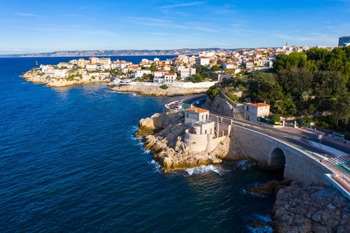 Aerial view of the Maregraphe on the Corniche Kennedy, Marseille, Provence, France