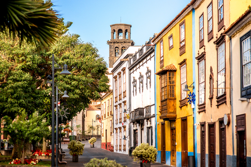 City street view with church tower in La Laguna town on Tenerife island, The Canary Islands, Spain
