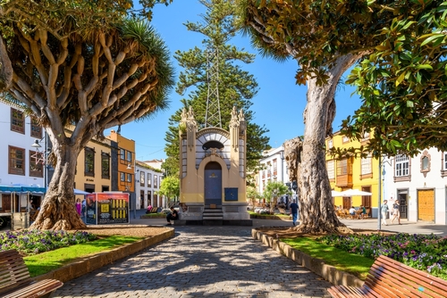 An art deco designed old power supply station at Plaza de La Concepción de San Cristóbal de La Laguna, the main square in the old town, Tenerife Island, The Canary Islands, Spain