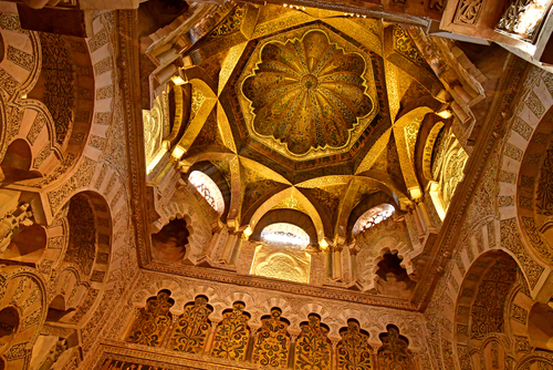 The beautifully decorated ceiling of La Mezquita de Cordoba in Andalusia, Spain