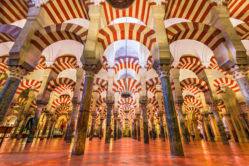 Hypostyle Hall in the Mosque-Cathedral of Cordoba. The site has a rich religious history and is currently an active cathedral, Cordoba, Andalusia, Spain