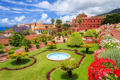 Beautiful colorful tropical botanical gardens in La Orotava town, Tenerife island, The Canary Islands, Spain