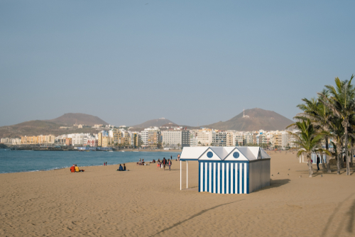View of a beach and its facilities at Las Plamas de Gran Canaria, Gran Canaria Island, The Canary Islands, Spain