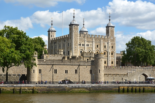 View of the Tower of London on a partly cloudy day, London, England, UK