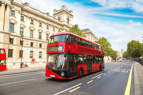 Modern red double decker bus, London, England, United Kingdom