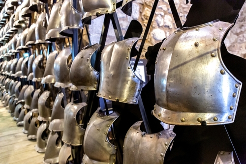 Medieval knights armours in the armoury of the Tower of London in London, England, UK