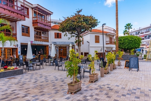 Main Square with cafes at Los Gigantes, Tenerife Island, Canary islands, Spain