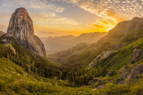 Dramatic view at Sunset of Roque de Agando in Garajonay National Park, La Gomera island, The Canaries, Spain
