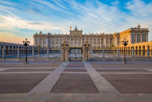 Royal Palace in Madrid on a beautiful Summer day at sunset, Spain