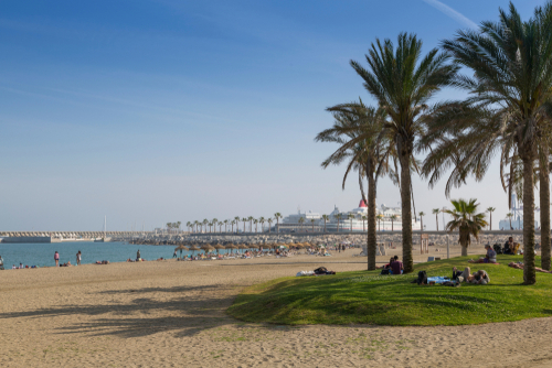 Popular urban beach of Playa la Malagueta, Malaga, Costa Del Sol, Andalusia, Spain