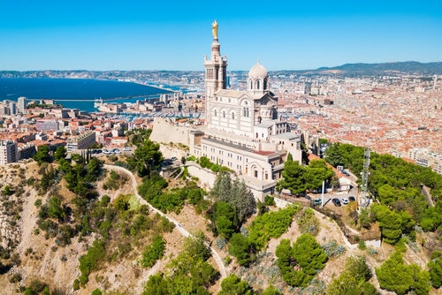 Notre Dame de la Garde or Our Lady of the Guard aerial view, it is a catholic church in Marseille, Provence, France
