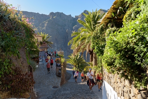 Tourists visit famous Masca village in Teno mountains, Tenerife Island, The Canary Islands, Spain