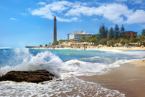 Beautiful seascape with lighthouse and Maspalomas beach, Gran Canaria Island, Canary Islands, Spain