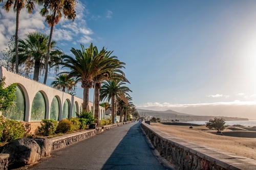 Costa Canaria Promenade in Maspalomas, a concrete walkway lined with palm trees, with houses on one side and a view of sand dunes, the sea and the city on the other, mountains in the background, Maspalonmas, Gran Canaria Island, The Canary Islands, Spain