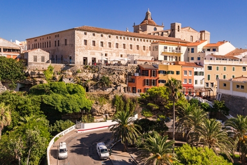 Colorful view of the old town at Plaza Espanya of Mao, Menorca island, Balearic Islands, Spain