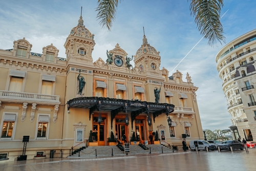 View of the facade of Monte Carlo Casino in Monaco, Cote d'Azur, France