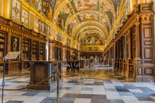 Royal Monastery of San Lorenzo de El Escorial near Madrid, Spain. View of the royal library inside El Escorial