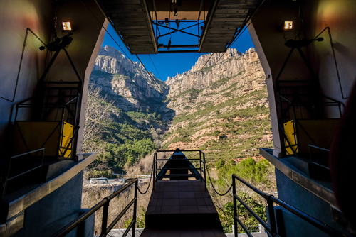 View of the station Montserrat-Aeri against rocks, Montserrat mountain near Barcelona, Catalonia, Spain