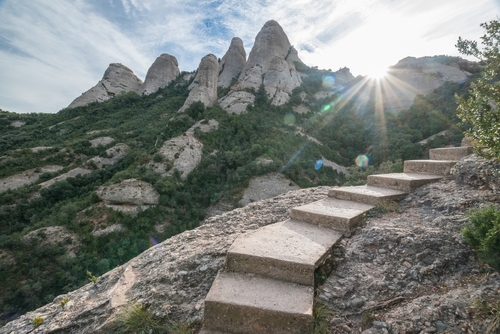 The trekking path to Sant Jeroni peak at Montserrat Mountain near Barcelona, Catalonia, Spain