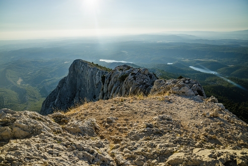 Montagne Sainte-Victoire, Provence, France. End of Sainte-Victoire mountain giving a panoramic view on the valley and the Bimont lake in Provence in the south of France