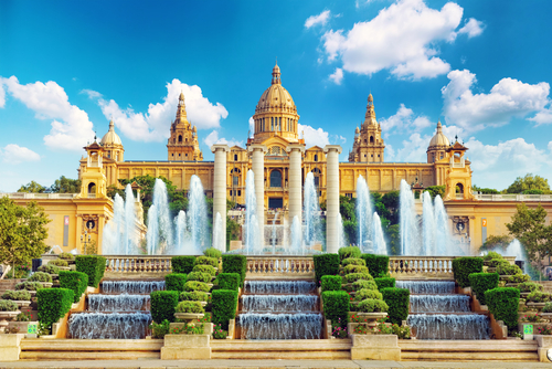 View of the National Museum in Barcelona, Placa De Espanya located on Montjuic Hill, Barcelona, Catalonia, Spain
