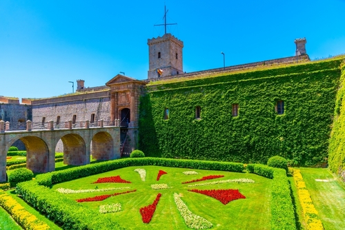 View of the beautiful colorful gardens of Montjuic castle, located on Montjuic Hill, Barcelona, Catalonia, Spain