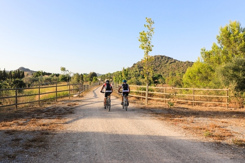 View of two Men cycling on the Manacor-Arta greenway on Mallorca island, Balearic Islands, Spain