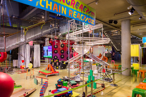 Children chain reaction construction in the Science Center Nemo, a science center in Amsterdam, Holland. The museum has origins in 1923
