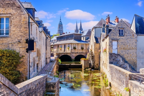 Bayeux, Normandy, France. The historic centre, the Notre Dame Cathedral and the Aure river