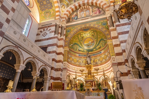 Interior View of Notre Dame de la Garde, a Byzantine architecture basilica in Marseille, Provence, France