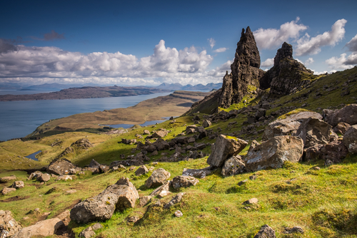 Close up view on a clear day of The The Old Man of Storr, Isle of Skye, Scotland, United Kingdom