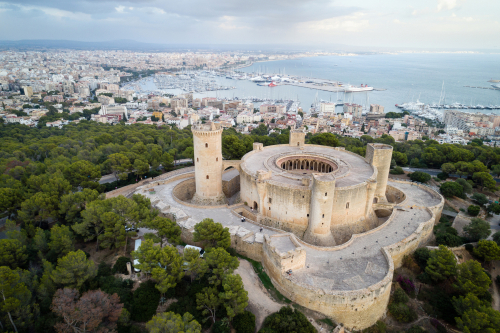Aerial view of Bellver castle, medieval fortress in Palma de Mallorca, Mallorca island, Balearic Islands, Spain